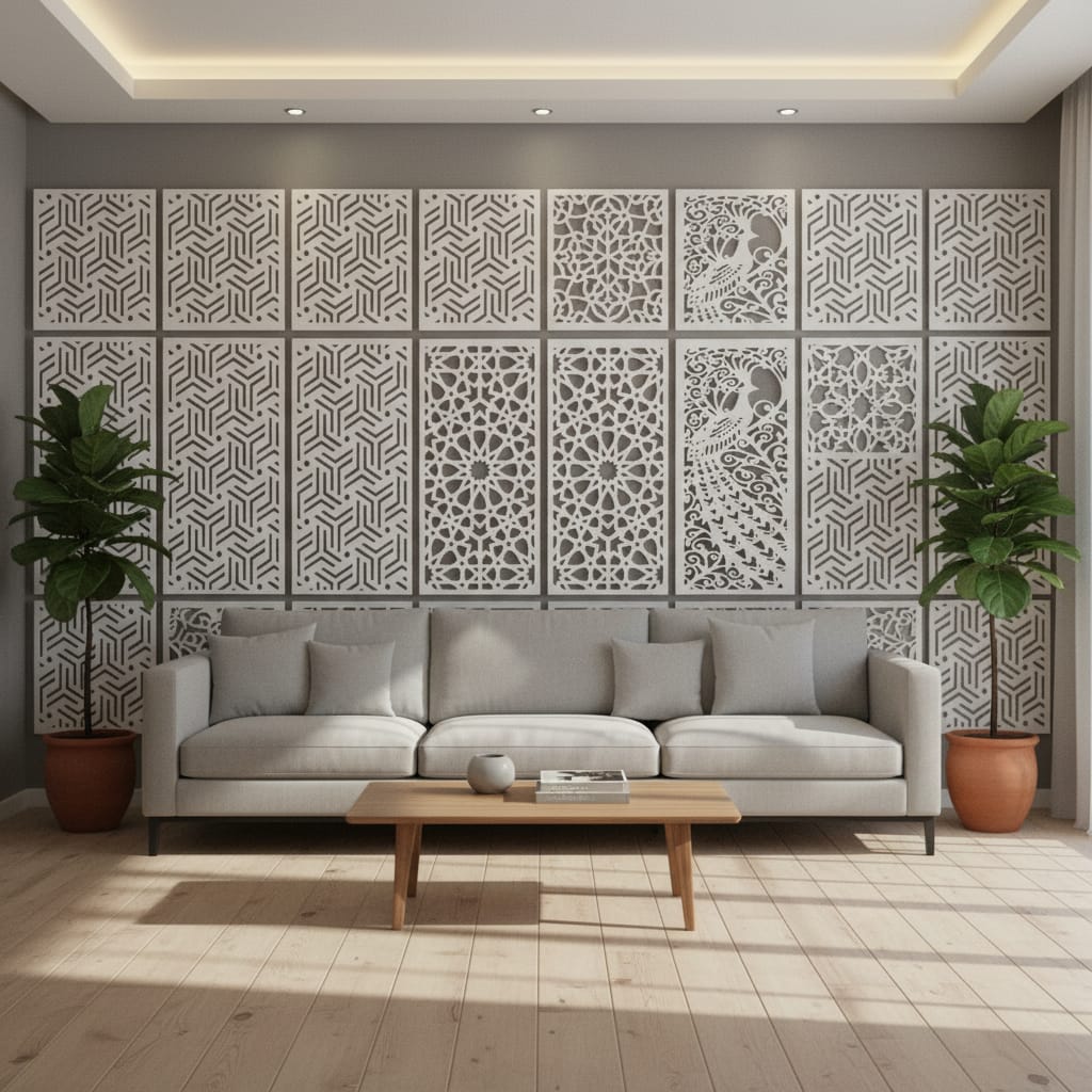 Ruang tamu mewah dengan Krawangan PVC Board Premium