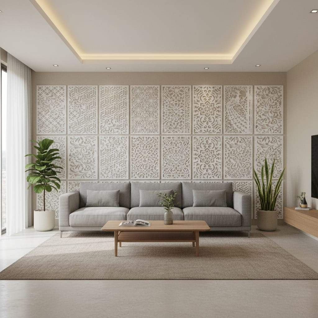 Living room modern dengan panel PVC Board