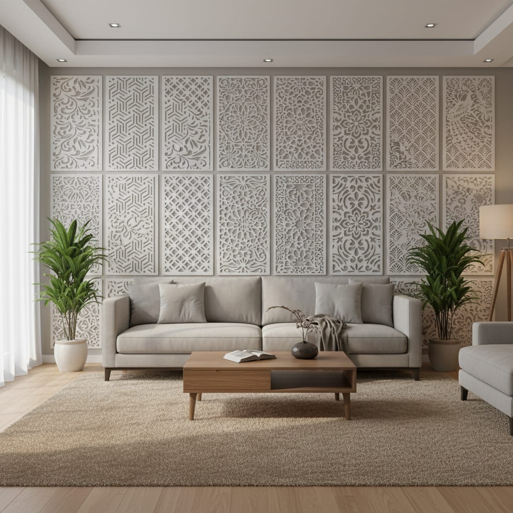 Ruang keluarga dengan dinding full krawangan