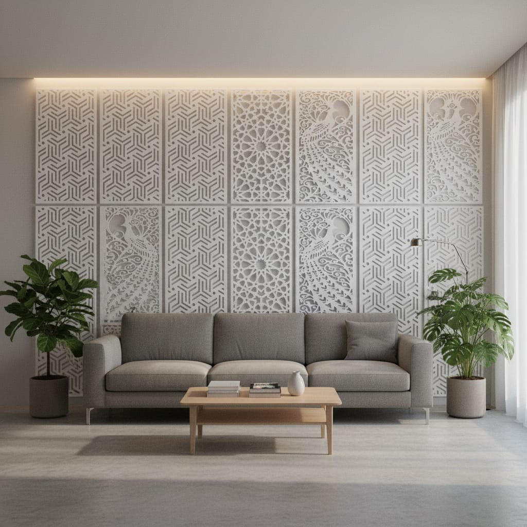 Interior minimalis dengan panel krawangan